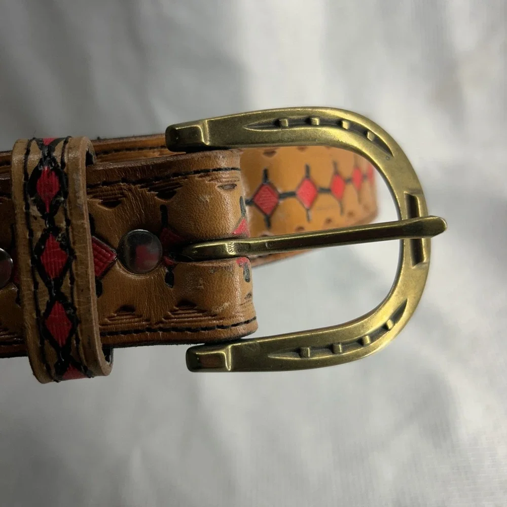 Leather Belt With Red Square Design. Size 36 Made In USA Buckle